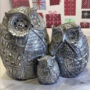Silver Art Family of Owl Elegant Silver Owl Trio Figurine Set Home Decor